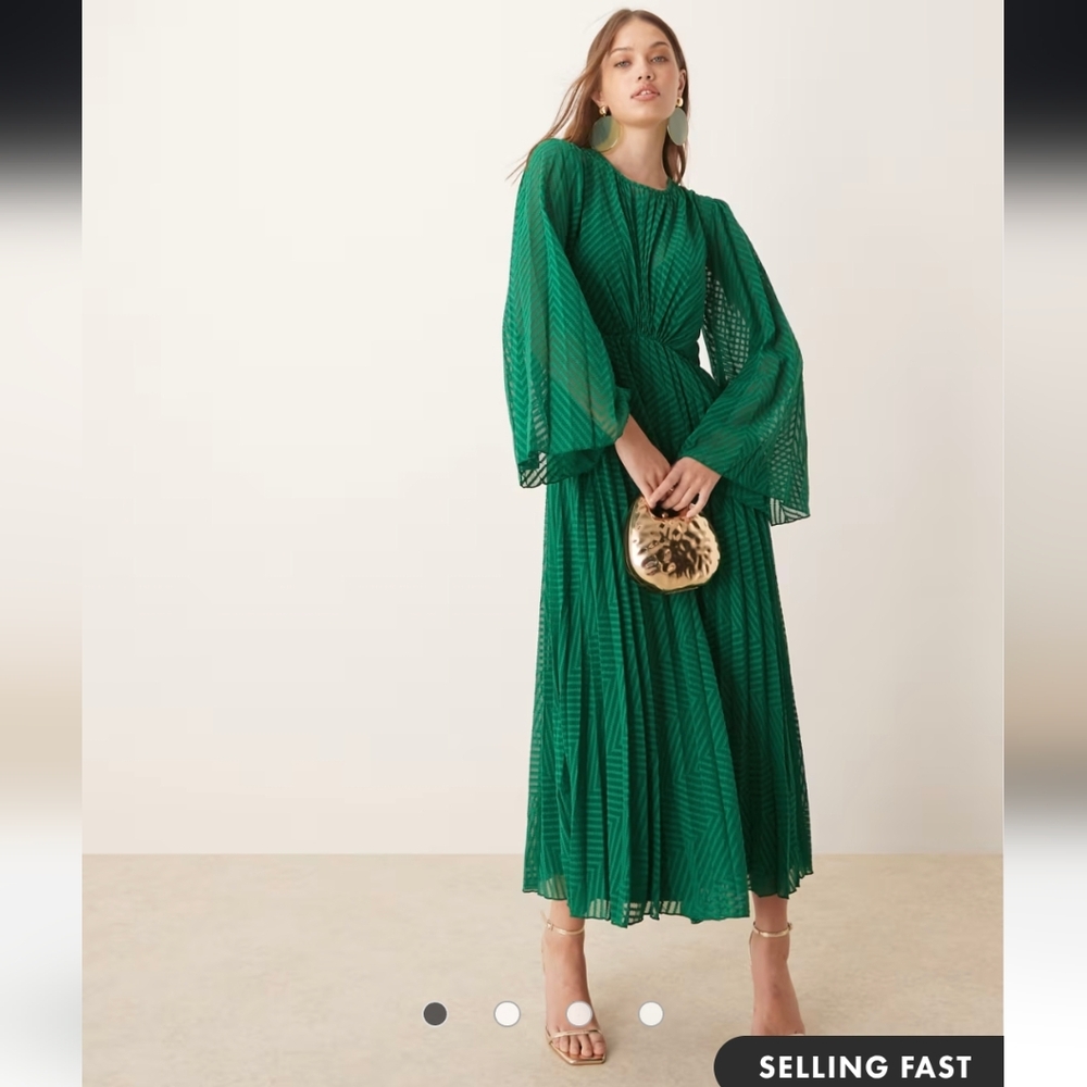 ASOS DESIGN Tie Back Fluted Sleeve Pleated Chevron Chiffon Midi Dress- 10
